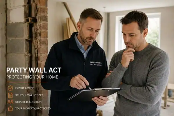 Party wall surveyor Worcester discussing extension plans with homeowner outside a UK semi-detached house.